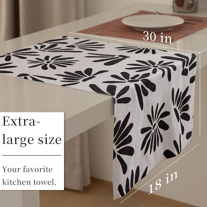 DIBALA Dish Towels Set of 2 Quick Dry Microfiber Kitchen Towels with Hanging Loop 18x30, Black White Daisy