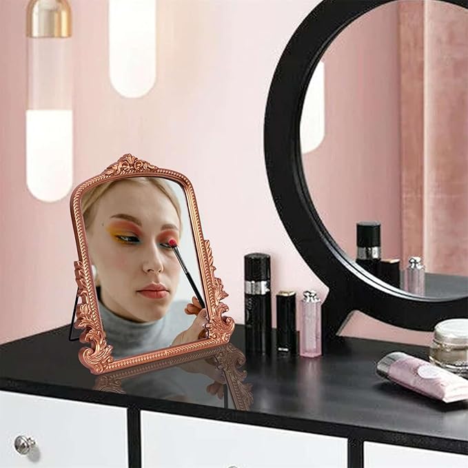 Rose Gold Makeup Mirror, Small Standing Vanity Mirror Decorative Ornate Arched Desk Mirror with Carved Wood Frame, for Bedrooms,Living Rooms Table Top and Salon 11.8" x 9.6"