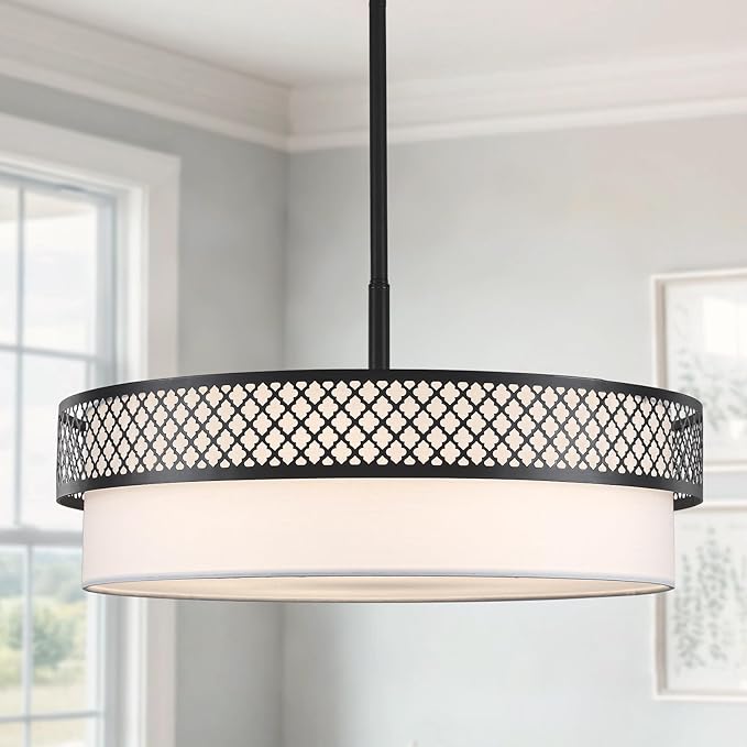 21.5" Drum Black Chandelier for Dining Room 5-Light Modern Farmhouse Chandeliers White Fabric Drum Pendant Light Fixture Large Hanging Lighting for Living Room Bedroom Kitchen Foyer Over Table, E26