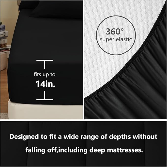 CozyLux Queen Comforter Set Black, 7 Pieces Bed in a Bag, Black Comforter Queen Size, All Season Bedding Sets with Stitch Quilted Comforter, Flat Sheet, Fitted Sheet, Pillowcases