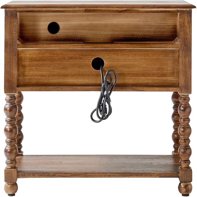 HULALA HOME Farmhouse Storage End Table with 2 Drawers and Open Shelf, Solid Wood Side Table with Spindle Legs, Nightstand with Charging Station (Walnut)