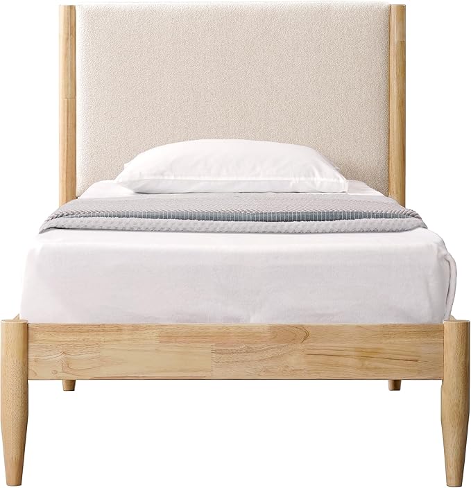 DG Casa Solid Wood Boucle Mid-Century Modern Twin Size Wooden Platform Bed Frame - Upholstered in Taupe Boucle - Natural Finish
