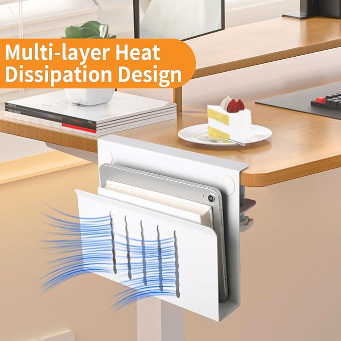 Desk Side Storage Under Desk Laptop Holder, No Drill Hanging Desk Organizer with Pen Holder, Clamp-On Table Side Desktop Organization Mount for Office and Home (White)