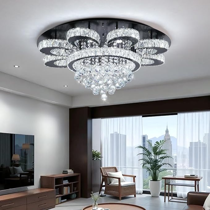 Modern Chandelier Living Room Glam Chandeliers Ceiling Light Fixture Remote Dimmable Lights 32 Inches Luxury Crystal Black Light