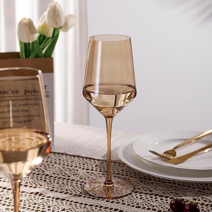 Physkoa Amber Colored Wine Glasses Set 6-16oz Stemmed Brown Wine Glasses With Tall Long Stem and Tulip Bottom,Amber Glassware for Home Deco,Wedding,Birthday