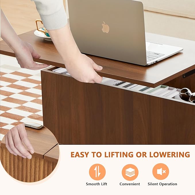 Wooden Fluted Lift Top Coffee Table with Hidden Compartment, Modern Rectangle Center Tables with Adjustable Storage Shelf, Lift Tabletop Dining Table for Home Living Room Office(Walnut)