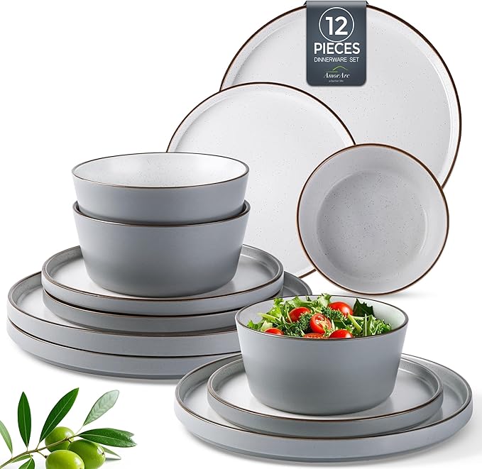 AmorArc Dinnerware Sets of 4, 12 Piece Plates and Bowls Set, Chip and Crack Resistant, Dishwasher & Microwave Safe Ceramic Dishes Set