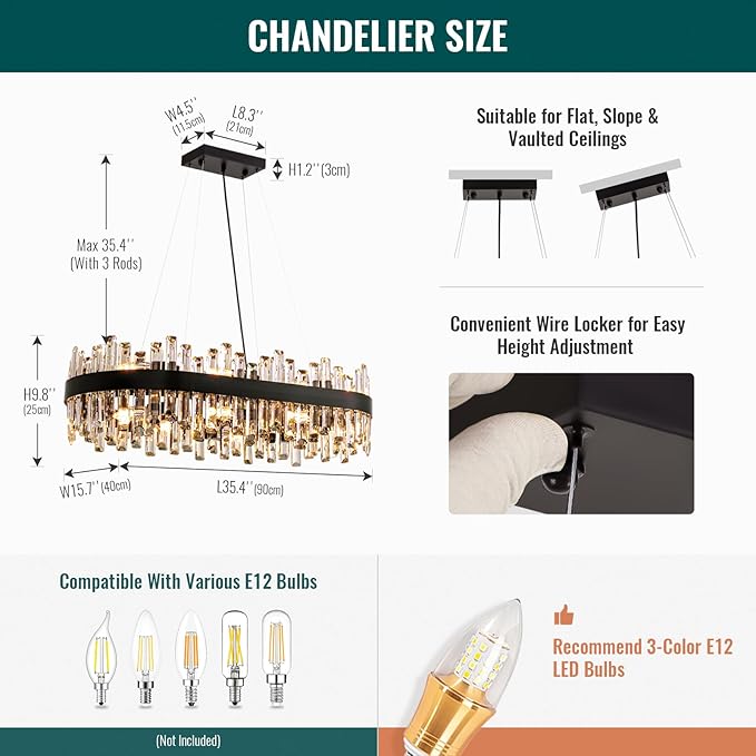 Siljoy Modern Crystal Chandelier for Dining Room, 16-Light Black Oval 2-Tiers Crystal Raindrop Chandelier, Farmhouse Dimmable Crystal Pendant Ceiling Light for Living Room Kitchen Island L35.4''