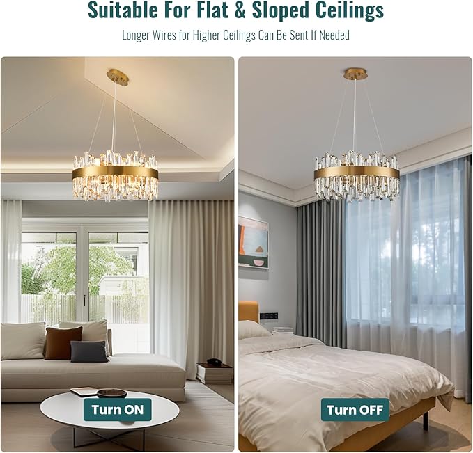 Siljoy Modern Crystal Chandelier, 12-Light Luxury Round 2-Tiers K9 Crystal Raindrop Chandelier, Brushed Brass Gold Crystal Pendant Ceiling Light for Living Dining Room Kitchen Island Foyer D19.7''