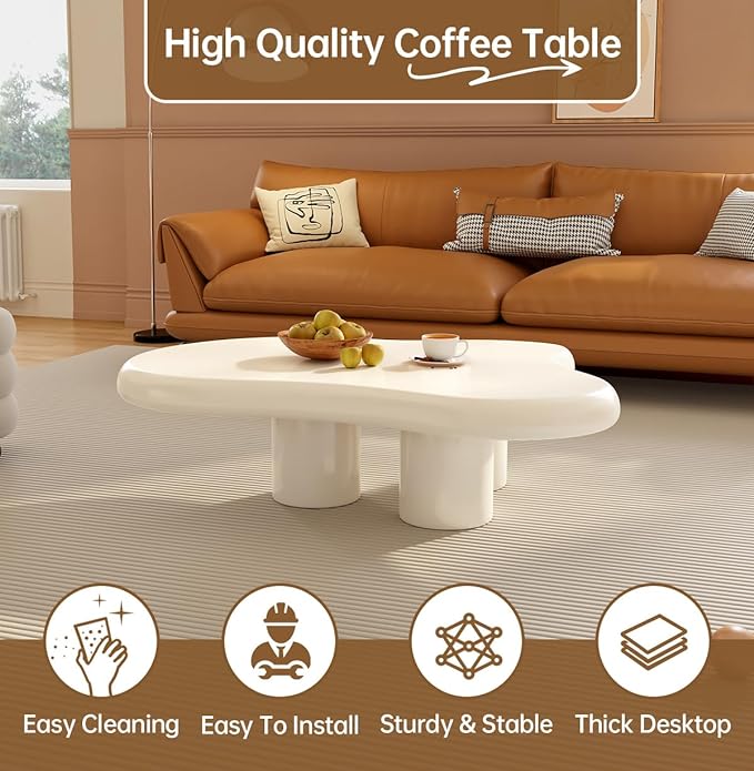 Cartoon Cloud Shaped Coffee Table Accent Tables Aesthetic Funky Design Minimalist Indoor Center Table, White
