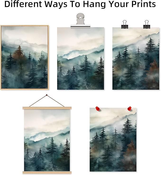 Foggy Forest Wall Art Prints Watercolor Mountain Canvas Wall Decor Landscape Nature Poster Wall Art Abstract Tree Pictures Artwork Modern Painting for Living Room Bedroom 24x36 Inch Unframed Set of 3