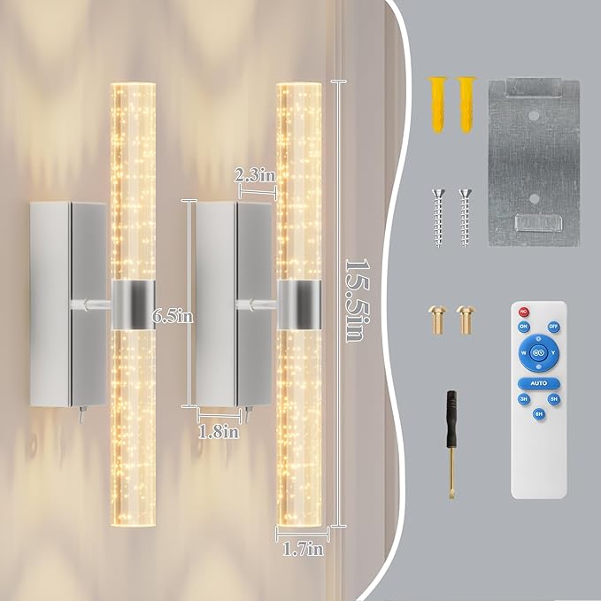 camuucci Battery Operated Sliver Wall Sconces Set of 2 Rechargeable Battery Powered Wall Light with 12000mAh Indoor Not Hardwired Dimmable Wall Lamp Fixtures for Bedroom Living Room 15.3 Inches