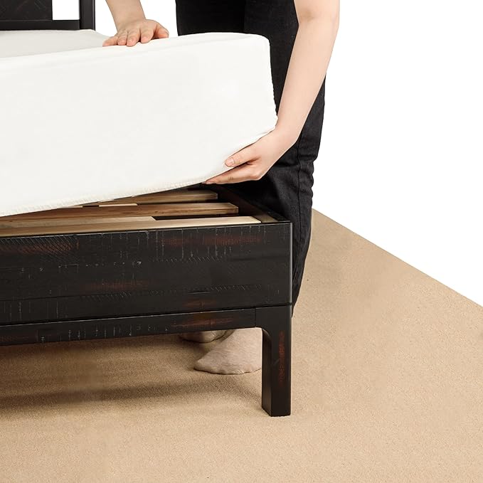 Bme Ethan King Size Bed Frame with Diamond Headboard, Rustic Mid-Century Modern, Solid Acacia Wood, No Box Spring Needed, Slat Support, Rustic Black