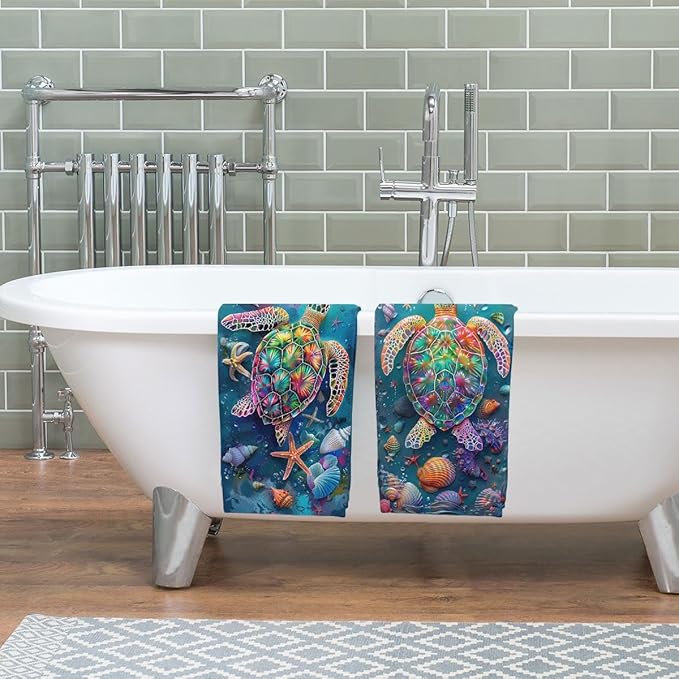 Sea Turtle Kitchen Dish Towels Set of 2 Absorbent Hand Towels 16x24 Farmhouse Starfish Seashells Sea Turtle