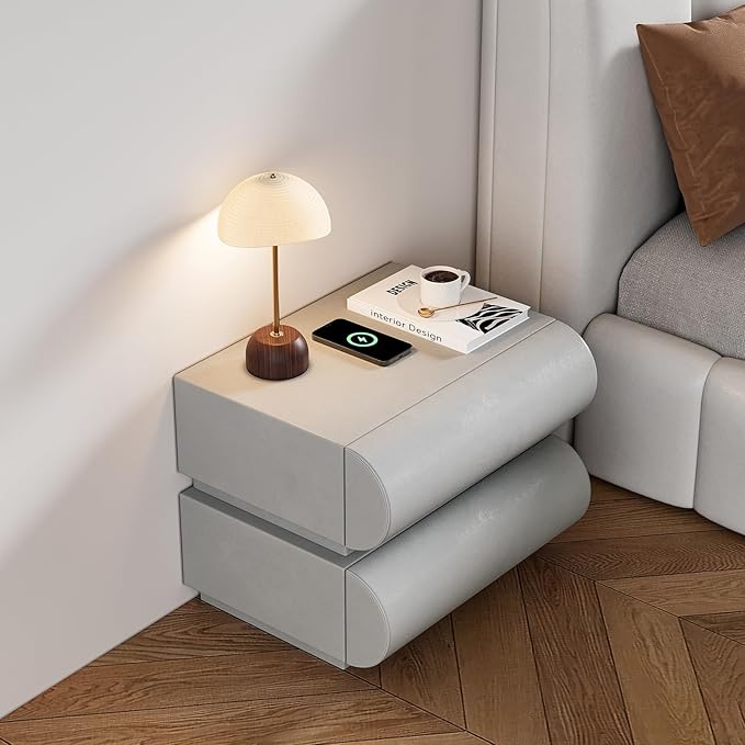 homary Smart Nightstand Modern Light Gray Leather Nightstands with Wireless Charger Bedside Table with 2 Drawers for Bedrooms Living Rooms Offices 19.7" W x 15.7" D x 15.7" H (Light Gray 2 Drawers)