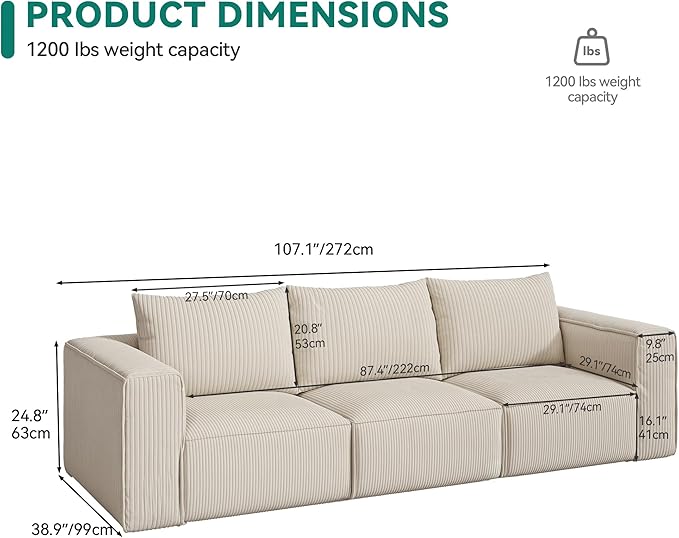 YITAHOME Oversized Deep Modular Sectional Sofa, Cloud Couch 3-Seat Sofa with 3 Pillows, Corduroy Sectional Couches for Living Room, Apartment, Office, Hotel, Bedroom, No Assembly Required, Milky White