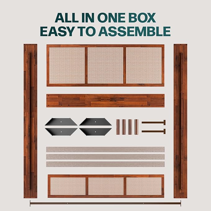 Bme Nancy Signature Bed Frame, Queen Bed Frame and Headboard Unique Geometric, Mid Century Modern, Solid Acacia Wood, No Box Spring Needed, 12 Strong Wood Slats Support, Easy Assembly, Dark Chocolate