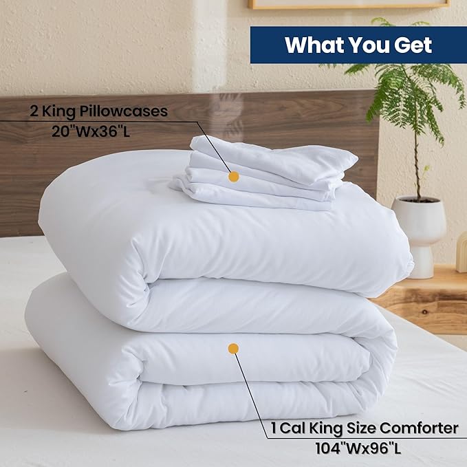 Paxrac Classic Pure White California King Comforter, 3 Pieces Oversized King Comforter Set, Lightweight Solid Bedding Set, All Seasons Soft Cal King Comforter Set (104x96In Comforter & 2 Pillowcases)