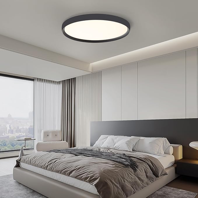 19inch Black LED Ceiling Light Fixture, Ultra-Thin Modern Flush Mount Ceiling Lamp, Dimmable 3000K-6000K, 40W, Minimalist Round Bedroom Light for Living Room, Dining Room, Hallway, Bathroom