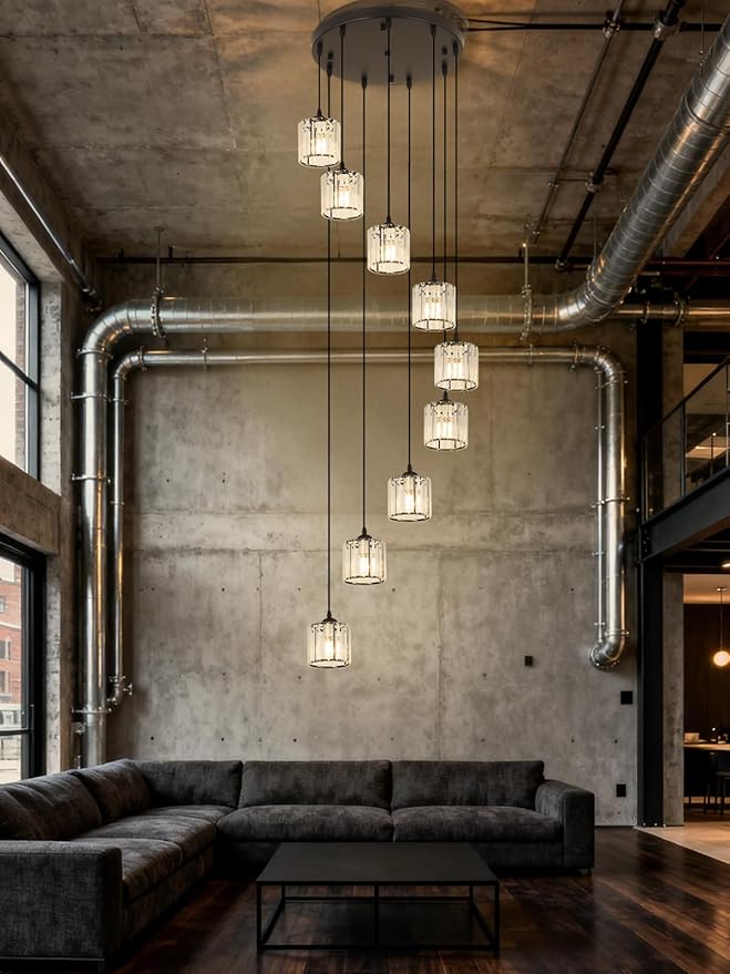 Long Chandeliers for High Ceilings,Modern Crystal Pendant Light,Raindrop Drop Lamp,Hanging Lighting Fixtures for Spiral Staircase,Foyer,Entryway,Living Room,Black (8 Lights)