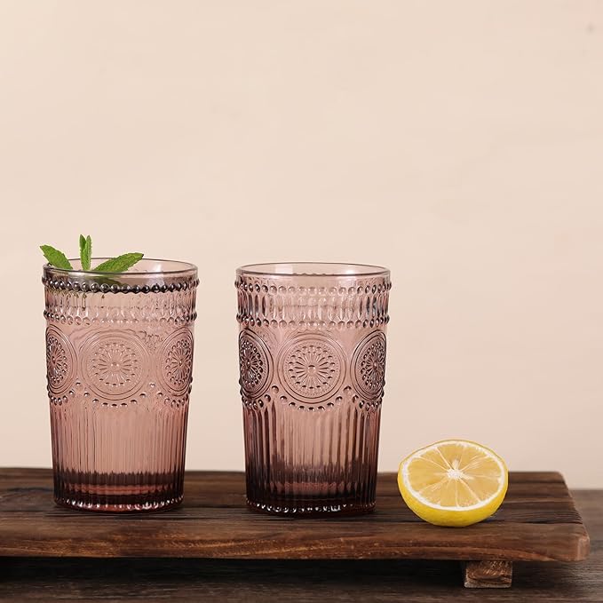Vintage Glassware Drinking Glasses Set of 4-13 oz Purple Highball Glasses Water Tumbler, Embossed Glassware Cups for Juice, Beer, Cocktail, Whiskey, Various Mixed Drinks