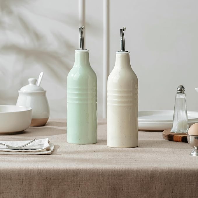 famiware Jupiter 16oz Ceramic Olive Oil Dispenser Bottle, Olive Oil and Vinegar Dispenser Bottle Set of 2 with Stainless Steel Pourers, Suitable for Storage Vinegar, Vanilla White & Light Green