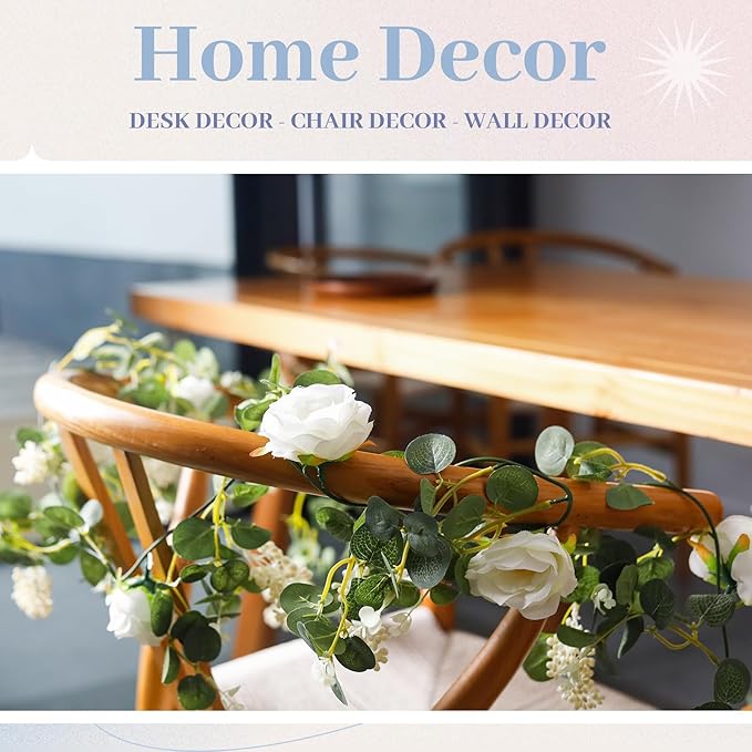 Der Rose 2Pcs Artificial Eucalyptus Flower Garland with Fake Rose Flower Vine Seeded Eucalyptus Leaves Greenery Garland for Wedding Table Runner Backdrop Party Centerpiece Decor (White-Total 13FT)