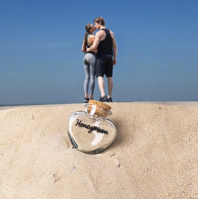Honeymoon Sand Keepsake Jar,Bridal Shower, Wedding, Engagement, Honeymoon, Travel Gift for Couples, Newlywed, Fiance(Gift Box Includes) - 40ml Heart Shape Glass