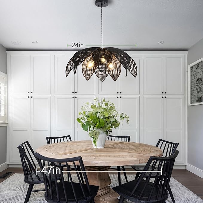 24” Black Boho Large Rattan Chandelier Light Fixture,3-Light Hand Woven Flower Chandelier Farmhouse Wicker Pendant Light for Kitchen,Living Room,Dining Room,Foyer, Bedroom