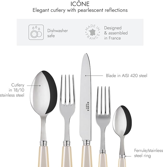 20-Piece Flatware Set For 4 - Icône Collection - Knives, Forks, Soup Spoons, Teaspoons & Dessert Forks - Stainless Steel & Acrylic - Dishwasher Safe - Pearly White