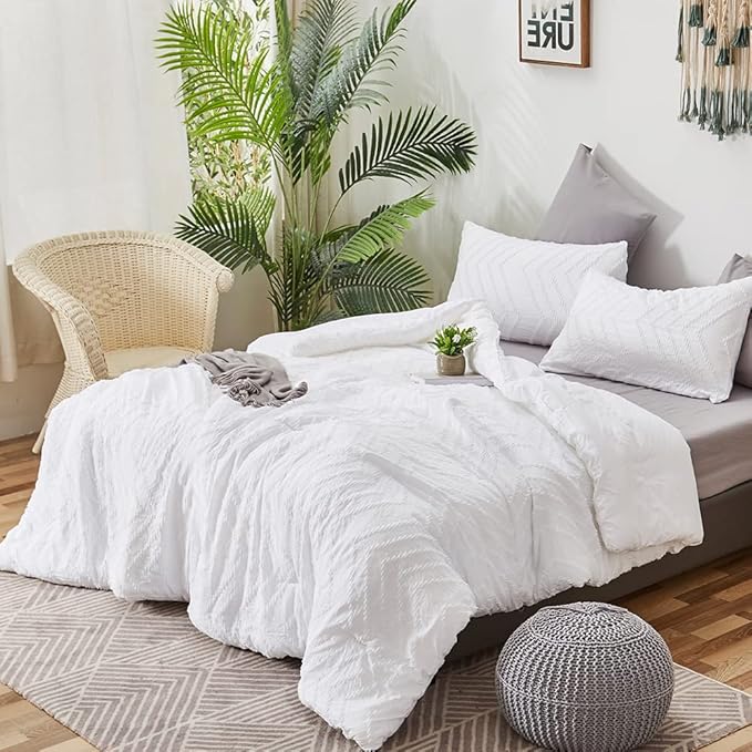 CLOTHKNOW Comforter Full Size Sets White Tufted Farmhouse Bedding Comforter Sets Shabby Chic Comforters Soft Boho Comforter with 2 x Pillow Cases