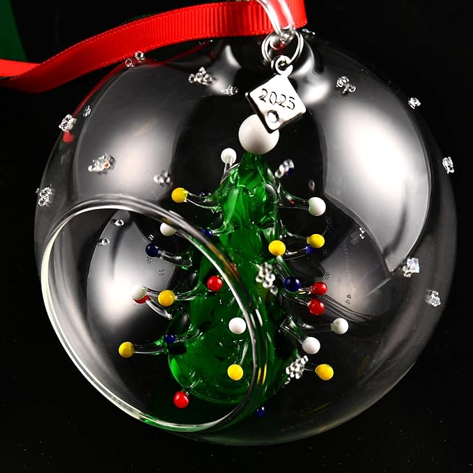 2025 Crystal Clear Glass Ball Christmas Ornament, Modern Tree Decoration with Red Ribbon (Christmas Tree Large)