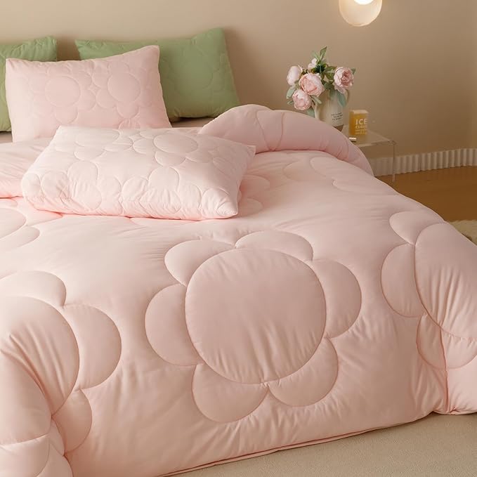 CLOTHKNOW Pink Full Size Comforter Sets 3Pcs Daisy Puff Bedding Comforter Sets Soft Blush Boho Comforter Pink Comforter with 2 x Pillowcases