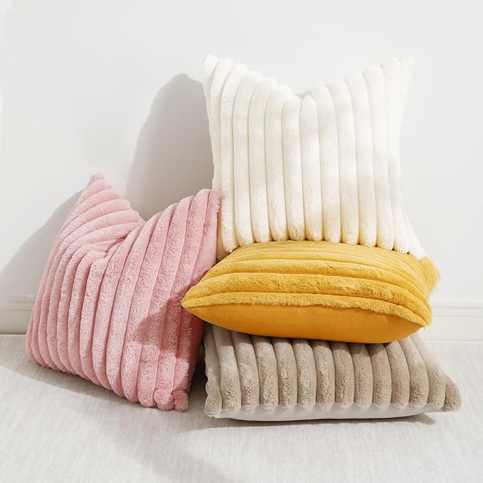 decorUhome Faux Fur Christmas Throw Pillow Covers 22x22 Set of 2, Decorative Soft Plush Striped Neutral Euro Pillow Covers with Velvet Back for Bed, Living Room Home Decor, Cream White