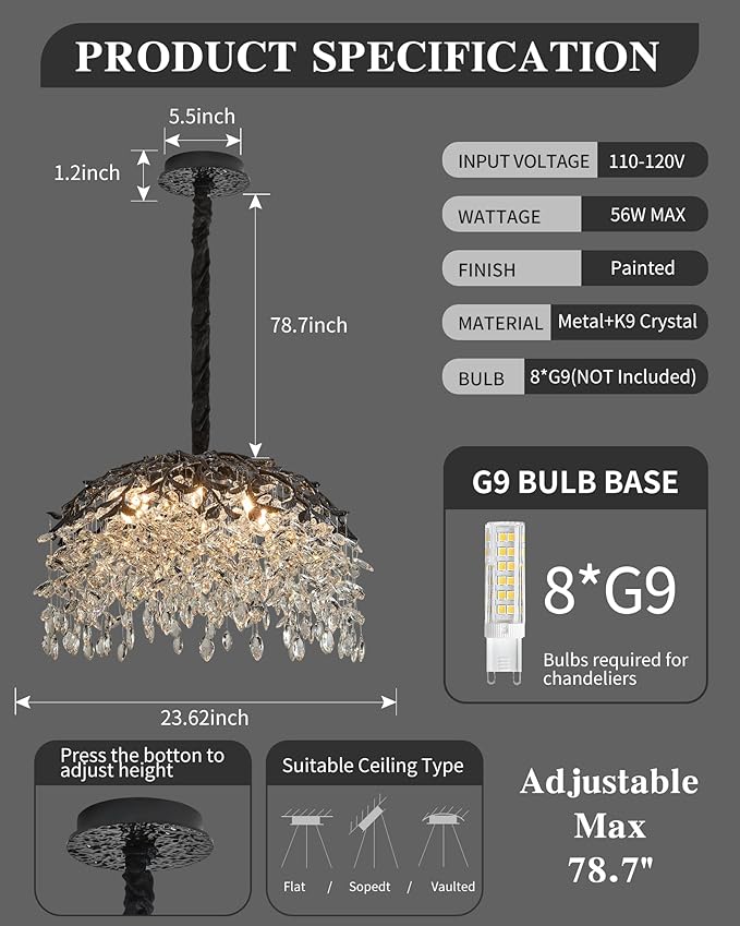 Modern Crystal Chandelier for Dining Room, 8-Light 23.62" Black Tree Branch Chandeliers, Luxury K9 Crystal Rectangular Chandeliers for Kitchen Island Living Room