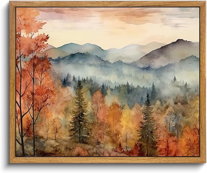 KBKBART Framed Vintage Wall Art for Living Room Bedroom Decor, Retro Autumn Watercolor Country Landscape Canvas Painting Farmhouse Wall Art, Rustic Fall Bathroom Wall Decor Vintage Room Decor(12"x16")
