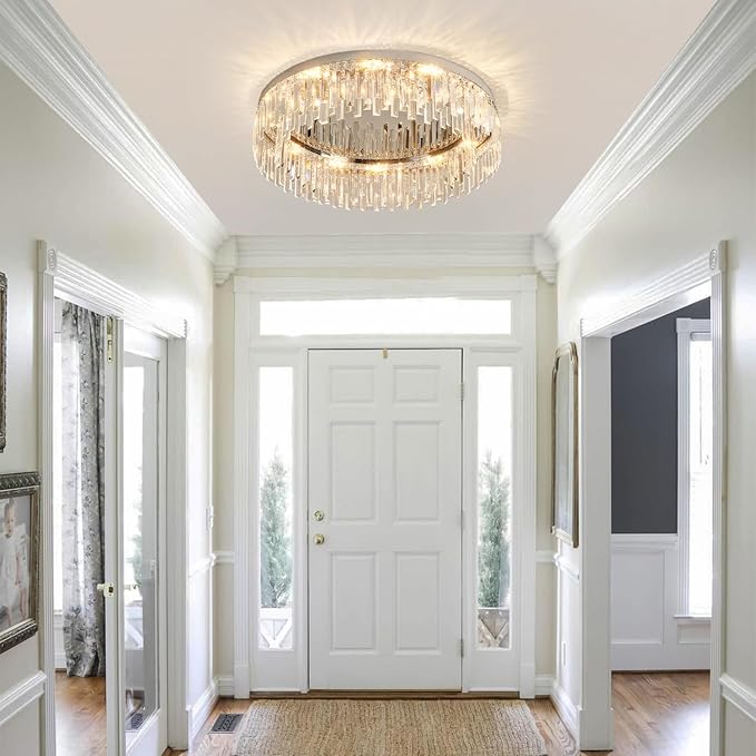 Modern Chandelier for Living Room, 24in Flush Mount Crystal Ceiling Light Fixture Chrome Large Raindrop Chandelier Lighting Fixture for Dining Room Living Room Bedroom Kitchen