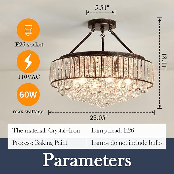 YYJLX 6 Light Modern Crystal Oil Rubbed Bronze Metal Semi Flush Mount Ceiling Light Fixture E26 Indoor Round Ceiling Lamp for Dining, Living, Foyer, Kitchen, Bedroom