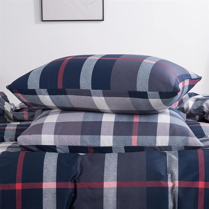 CLOTHKNOW Navy Plaid California King Comforter Set Tartan Bedding Comforter Sets All Season Soft Blue White Grey Grid Comforter with 2 x Pillow Cases