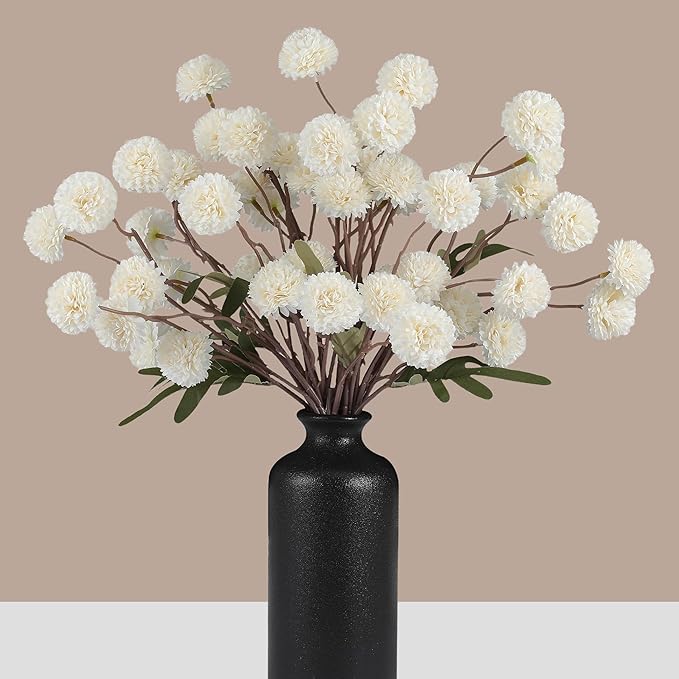 Faux White Kiku Flowers 10 Stems & 2 Eucalyptus,Fake Mums Flower Autumn Artificial Chrysanthemums Mini Ball Floral for Table Centerpieces,Silk Fall Faux Mums Flower for Vase Wedding Arrangements Decor