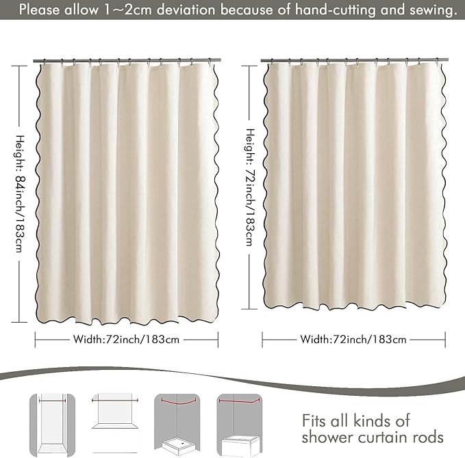 MIULEE 84" Long Scalloped Shower Curtain Linen Textured with 12 Metal Hooks Cute Extra Long Heavy Duty Washable Waterproof Cloth Curtains with Black Border for Bathroom Hotel Bathtub,Ivory