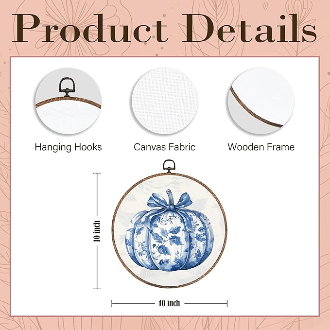 Hxlac Chinoiserie Pumpkin Fall Round Wall Art Framed, Blue and White Porcelain Pumpkin Round Wall Decor, Autumn Halloween Hanging Canvas Prints Wall Sculptures for Home Room Decor, 10x10 Inch