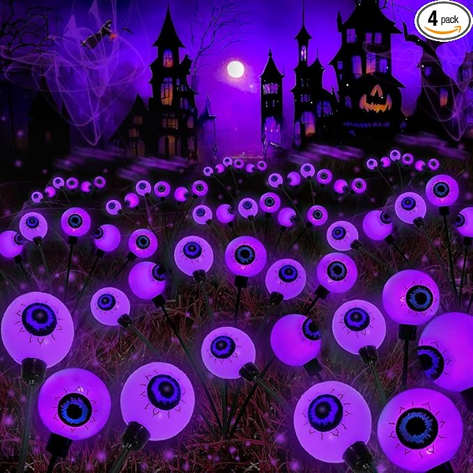 4 Pack Halloween Decorations Outdoor Waterproof, 24 LED Purple Solar Eyeball Lights, Swaying Firefly Light (Slow Glow or Steady on), for Garden Grave Yard Lawn Haunted House Decor