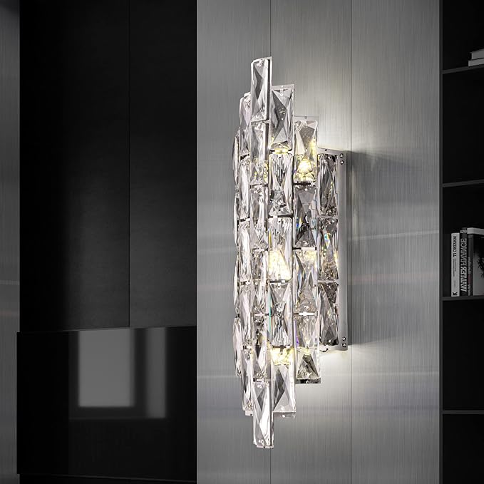 Modern Crystal Chrome Wall Sconces, Wall Light Fixtures, Indoor Wall Lamp, Vanity Wall Mount Lamps for Living Room Bedroom Bathroom Bedside Hallway Stairway