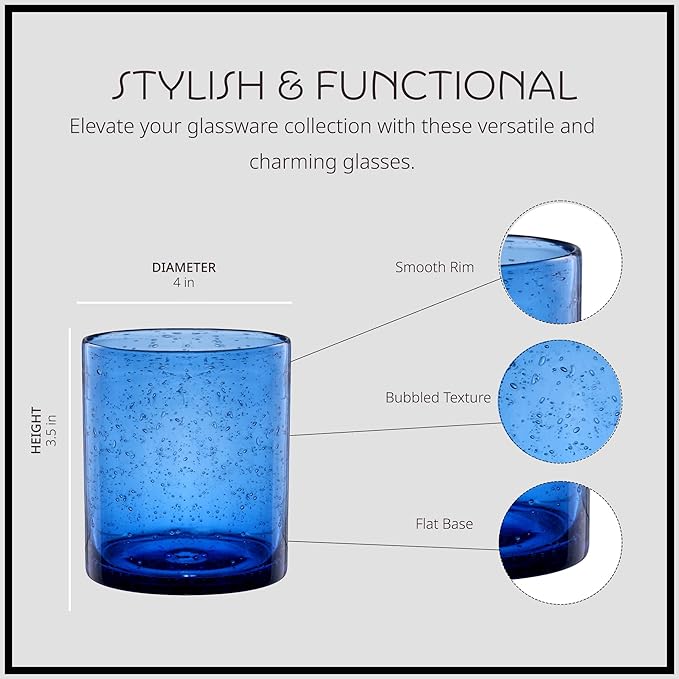 Artland 14oz Double Old Fashion Glass, Set of 4 | Iris Seeded Design, Cobalt Blue | Drinking Glass for Parties and Everyday Use - Mojito, Whiskey, Cocktail | Glassware & Barware Essentials