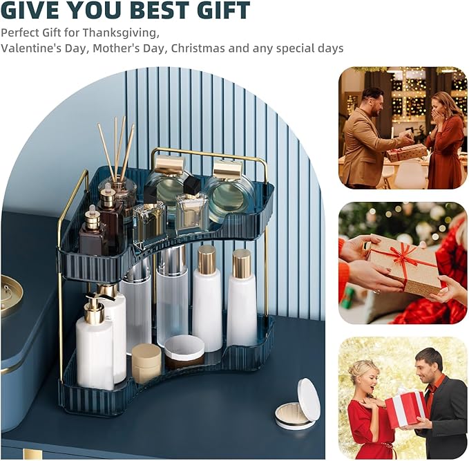 Corner Bathroom Counter Organizer Bathroom Countertop Shelf Makeup Organizer for Vanity Perfume Corner Storage (3 Tiers, Blue)