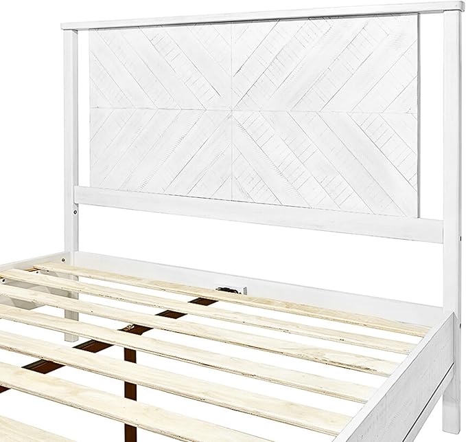 Bme Vivian 14 Inch Deluxe Bed Frame with Headboard, Rustic & Scandinavian Style with Solid Acacia Wood, No Box Spring Needed, 12 Strong Wood Slat Support, Easy Assembly, Queen, Rustic White