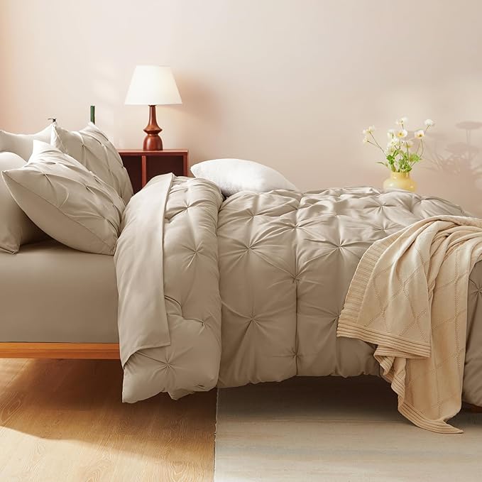CozyLux Queen Comforter Set Taupe, 7 Pieces Pintuck Bed in A Bag, Premium Taupe Comforter Queen Size, Pinch Pleat Bedding Sets with Comforter, Sheets, Pillowcases & Shams
