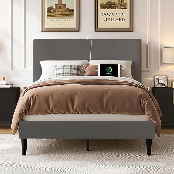 VECELO Twin Bed Frame with Type-C & USB Ports,Upholstered Platform Height-Adjustable Cotton and Linen Headboard,No Box Spring Needed, Noise-Free, Easy Assembly, Dark Grey