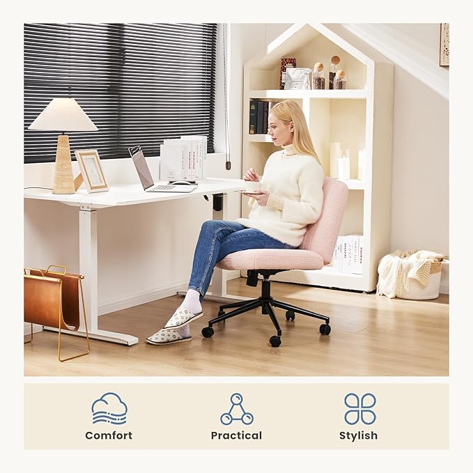 DUMOS Criss Cross Chair with Wheels, Wide Cross Legged Desk Chairs, Armless Adjustable Swivel Chairs for Home Computer Task, Teddy Pink